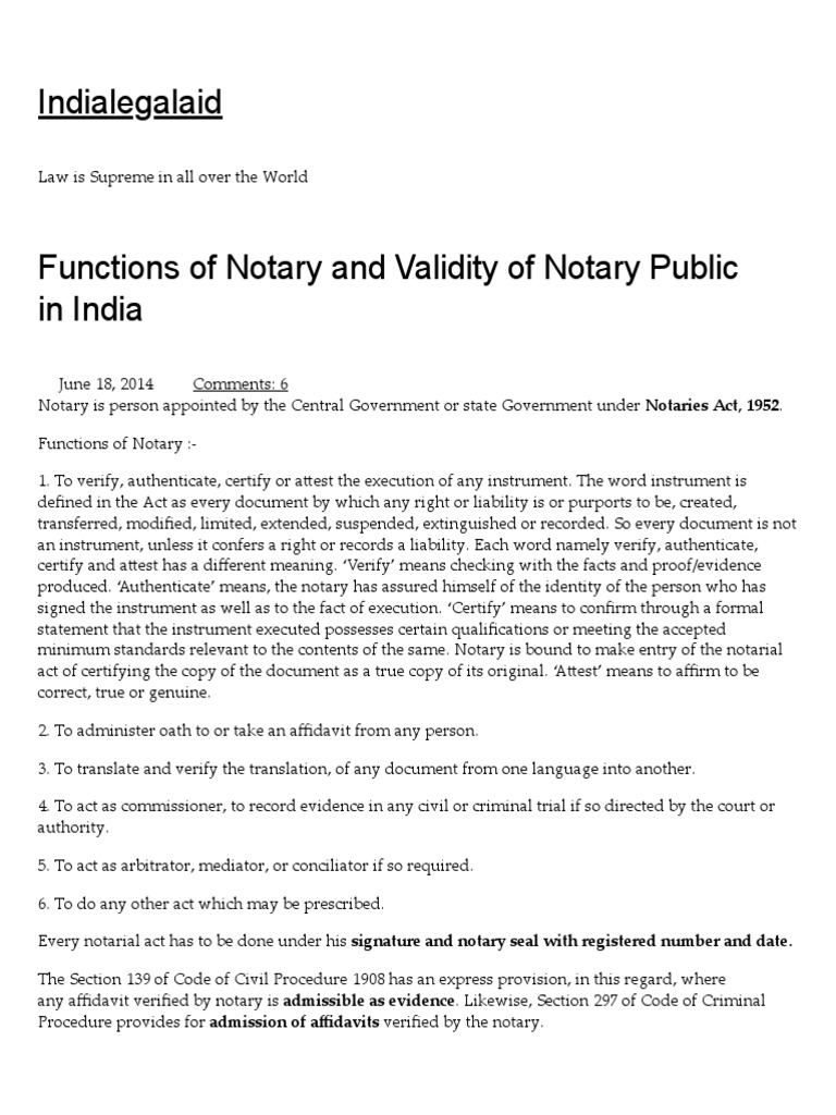 Functions of Notary and Validity of Notary Public in India