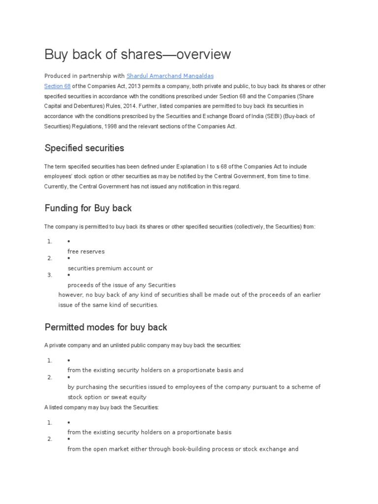 Buy Back of SharesOverview Specified Securities PDF
