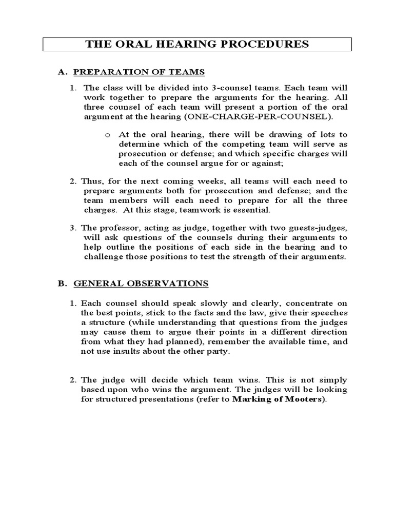 The Oral Hearing Procedures A. Preparation of Teams PDF Prosecutor