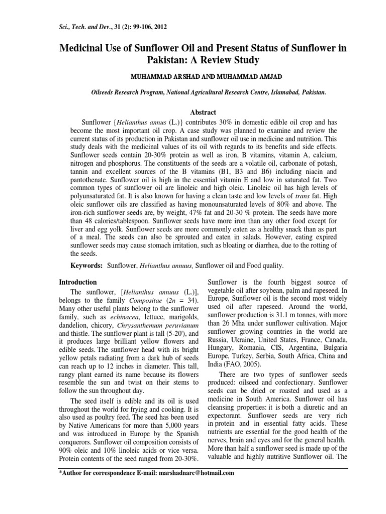 Medicinal Use of Sunflower Oil and Present Status of Sunflower in PDF
