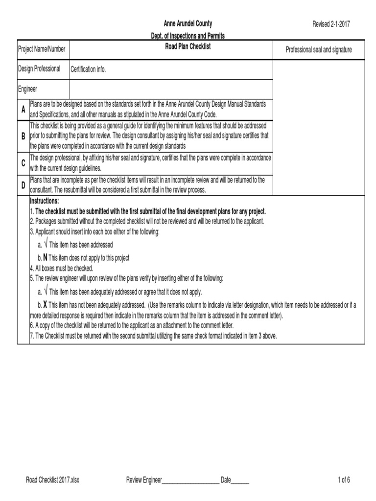Anne Arundel County Dept. of Inspections and Permits Road Plan
