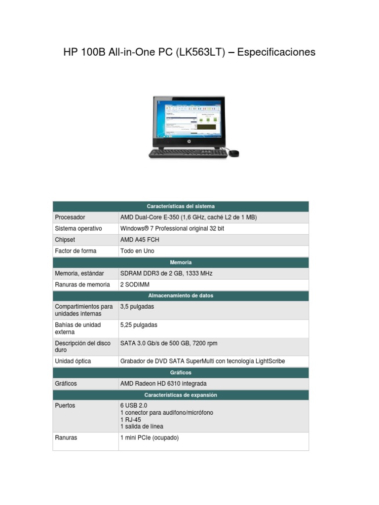 Especificaciones HP 100B AllinOne PC (LK563LT) PDF