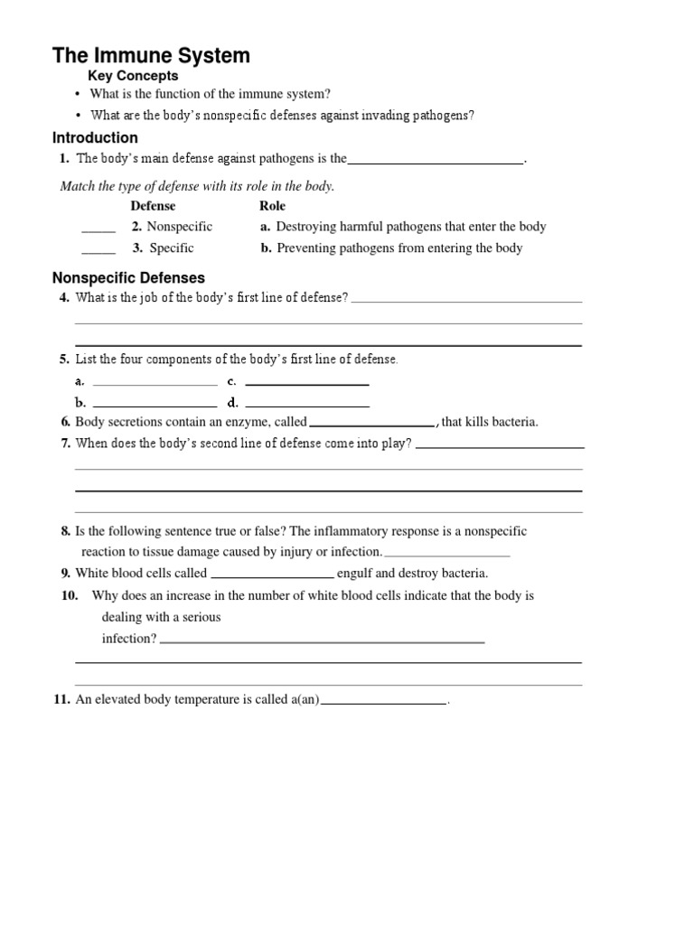 Immunity Worksheet PDF PDF Immune System Infection