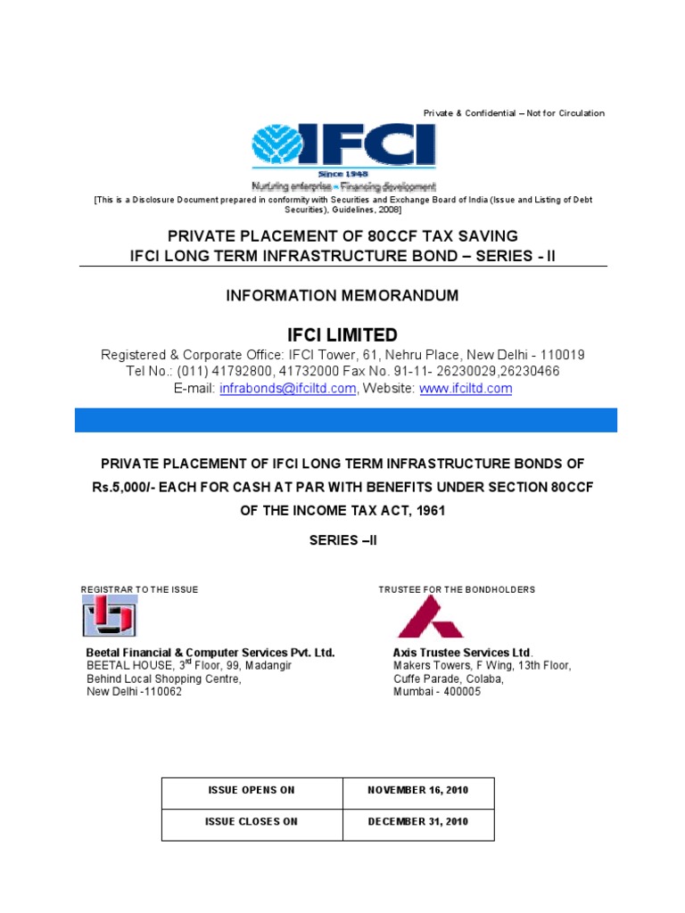 Private Placement of 80Ccf Tax Saving Ifci Long Term Infrastructure