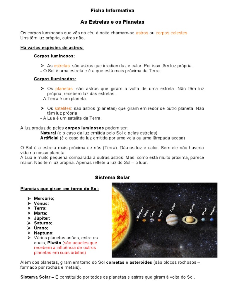 Ficha Informativa - As Estrelas e Os Planetas | PDF | Planetas | Lua