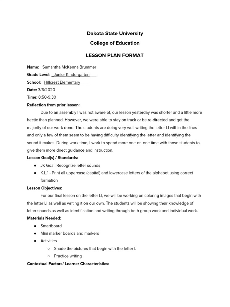 Junior Kindergarten Lesson Plan: Letter L | PDF | Letter Case | Learning