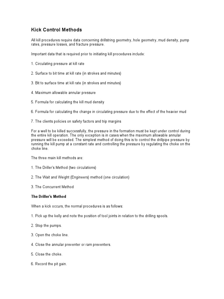 Kick Control Methods The Driller's Method PDF Pump Chemical