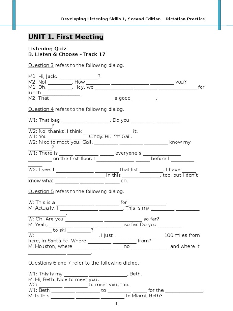 Developing Listening Skills 1 - Dictation | PDF | Leisure