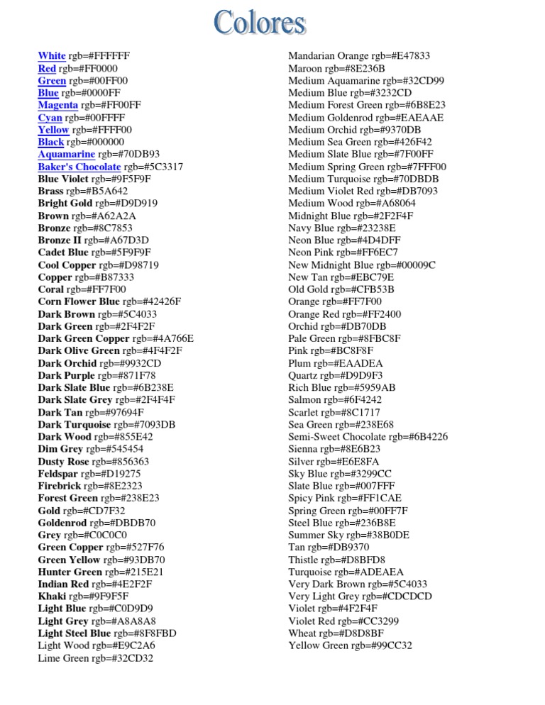 RGB Color Codes Reference Guide | PDF | Blue | Green
