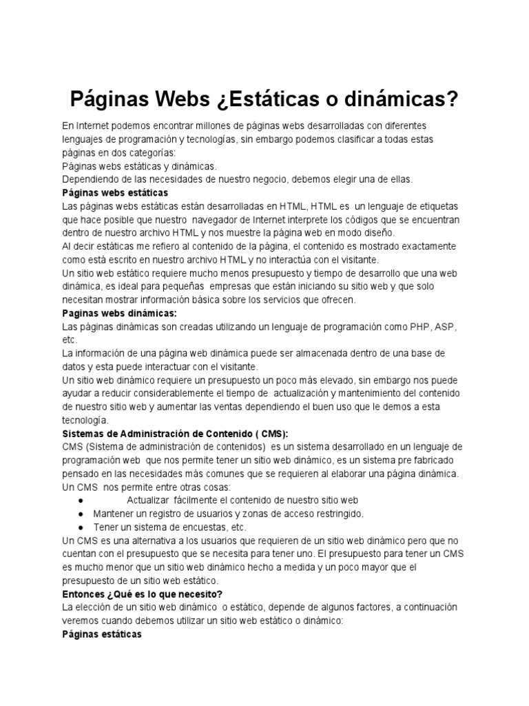 Comparativa de Páginas Web: Estáticas vs Dinámicas | PDF | Página web ...