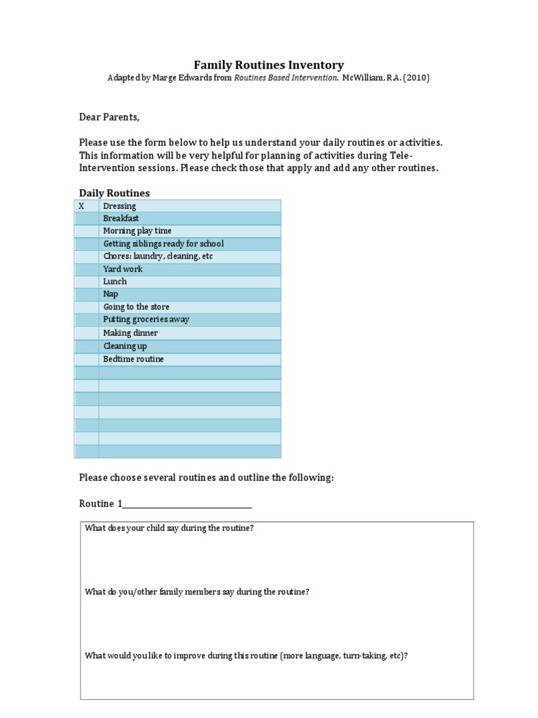 Family Routines Inventory Form | PDF | Wellness