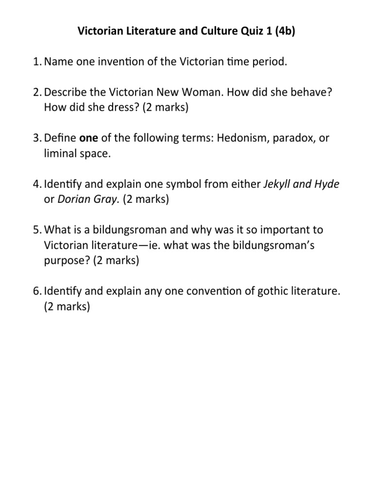 Victorian Literature and Culture Quiz 1 PDF