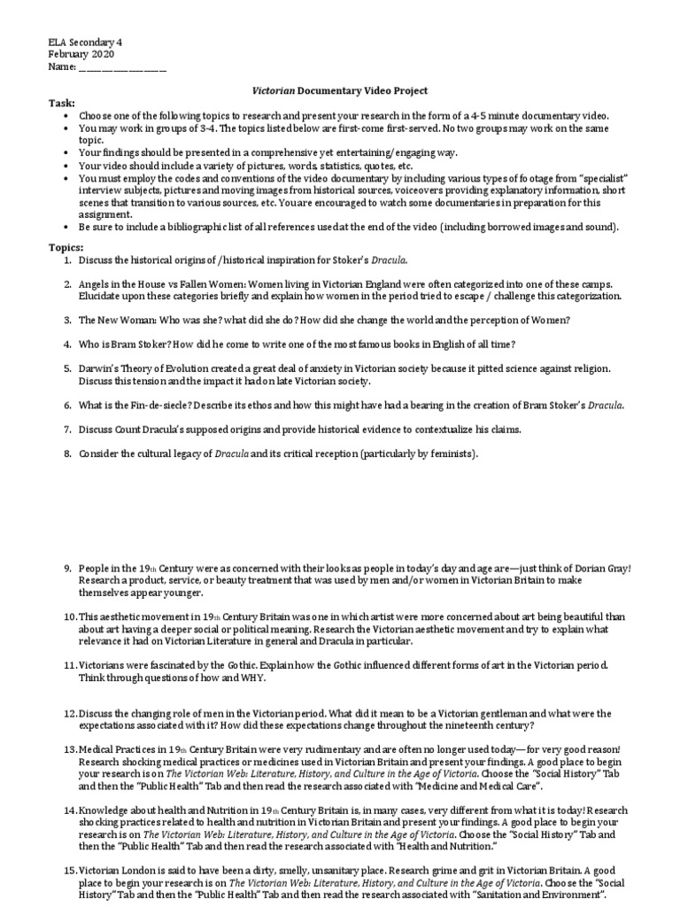 Victorian Documentary Rubric PDF Victorian Era Gothic Fiction