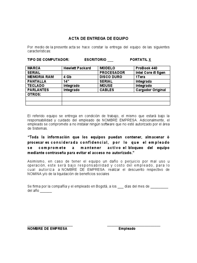 Acta de Entrega de Equipo de Oficina | PDF