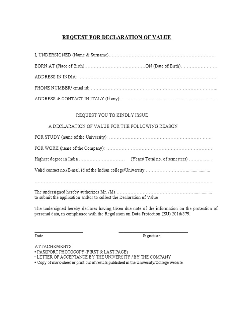 Declaration of Value Request Form | PDF