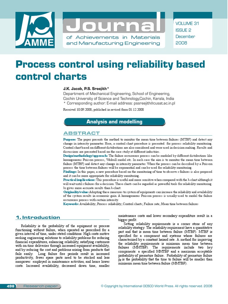Process Control Using Relaibility Based Control Charts | PDF ...