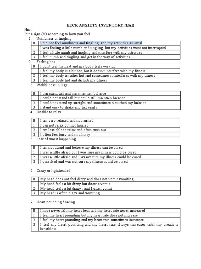 Beck Anxiety Inventory PDF Clinical Medicine Medical Specialties