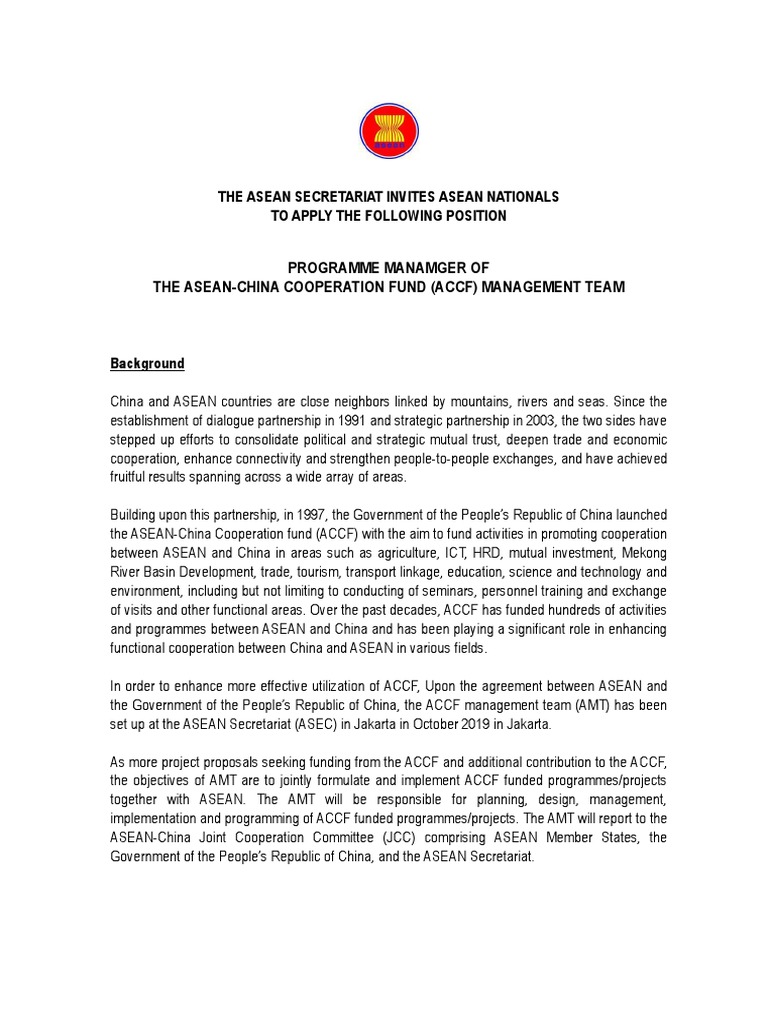 Programme Manager Position at ACCF | PDF | Association Of Southeast ...