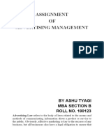 Assignment OF Advertising Management: by Ashu Tyagi Mba Section B ROLL NO. 180123