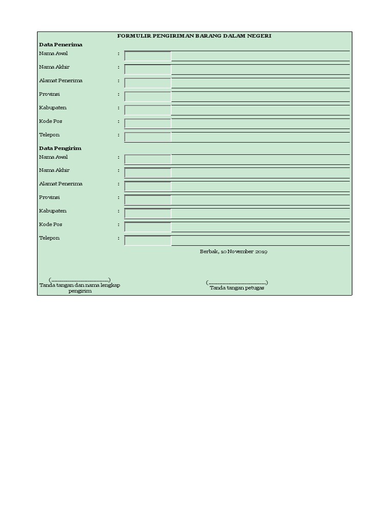Formulir Pengiriman Barang Dalam Negeri