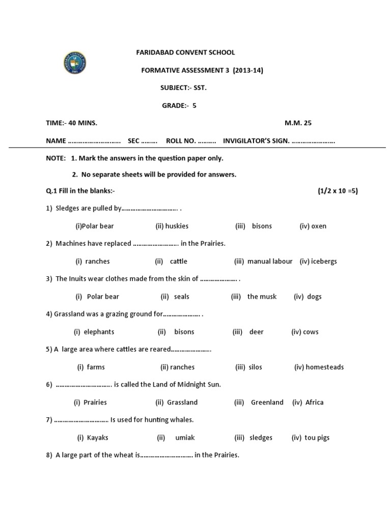 5th Class SST FA3 Question Paper | PDF | Canadian Prairies | Inuit