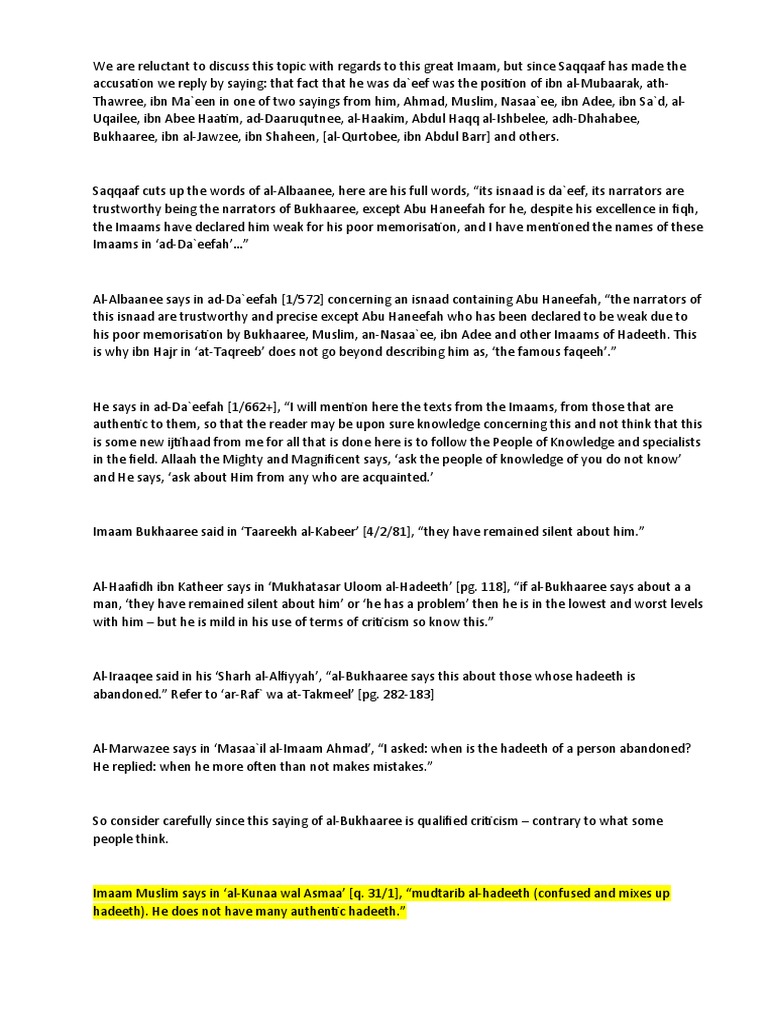 Abu Hanifa's Hadith Criticism Explained | PDF | Hadith | Semitic Words ...