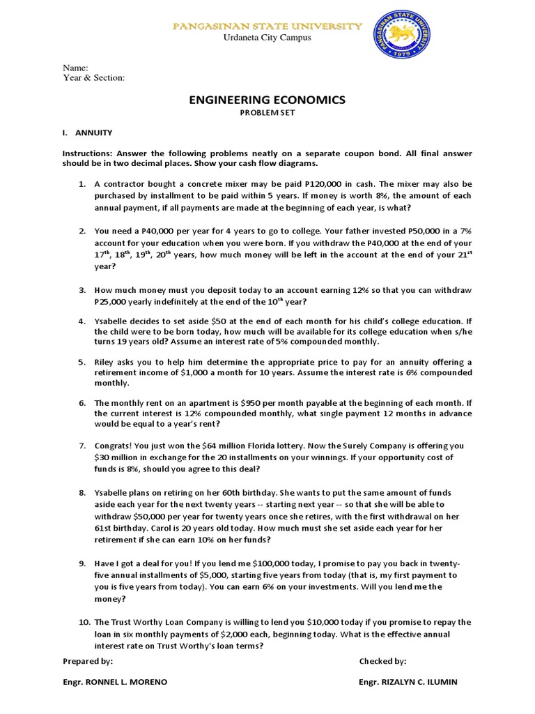 Engineering Economics Problem Set 1 Pdf Pdf Interest Interest Rates
