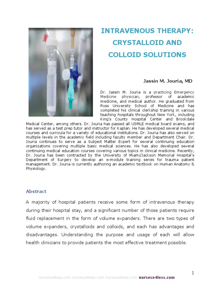 Intravenous Therapy Crystalloid and Colloid Solutions Jassin M. Jouria, MD PDF Saline