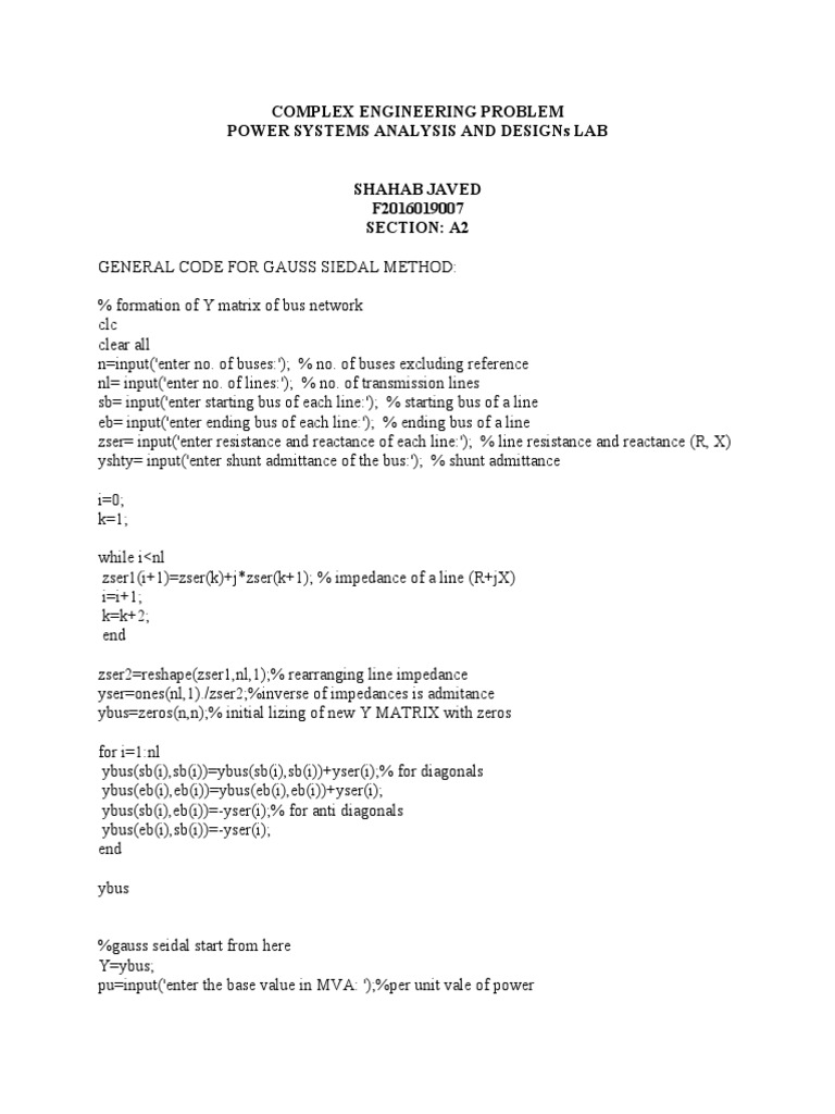 Complex Engineering Problem Power Systems Analysis and Designs Lab | PDF