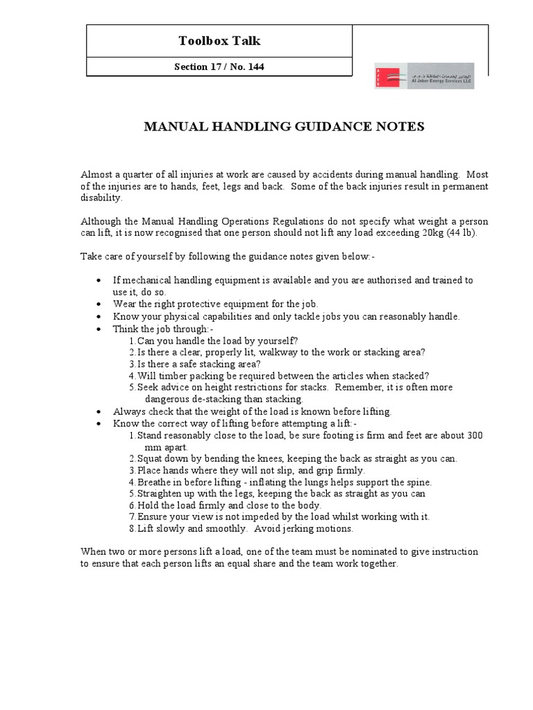 Manual Handling Safety Guidelines | PDF