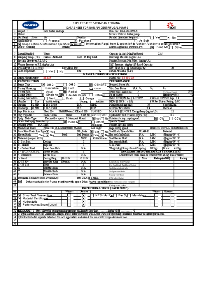 Data Sheet of Filtered WaterCentrifugal Pump | PDF | Pump | Dynamics ...