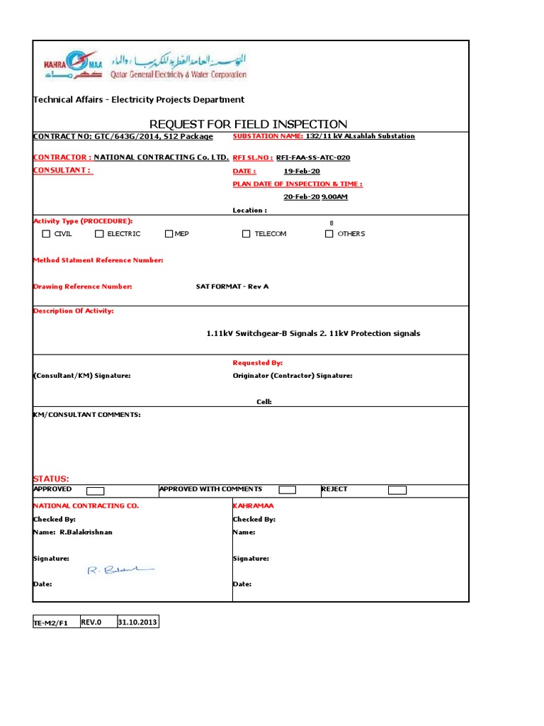 Field Inspection Request for 11kV Switchgear | PDF | Technology ...