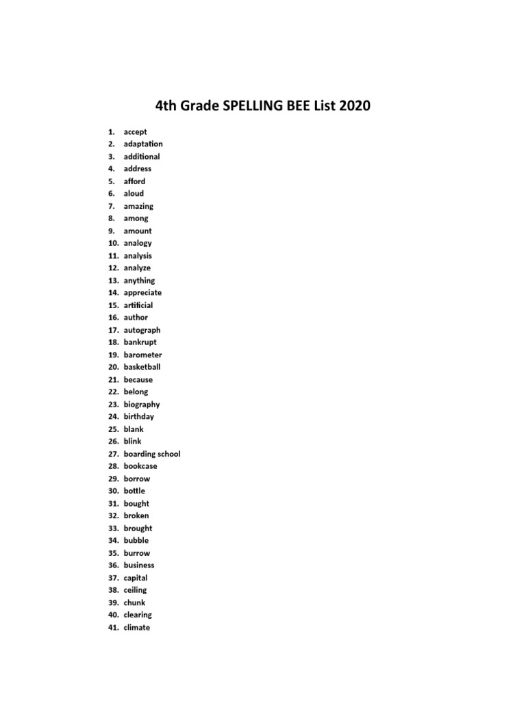4th Grade Spelling Bee List 2020 1 PDF Nature