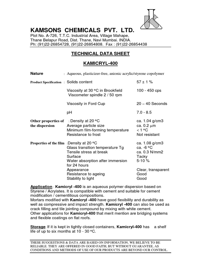 Technical Data Sheet for KAMICRYL400 An Aqueous Styrene/Acrylate