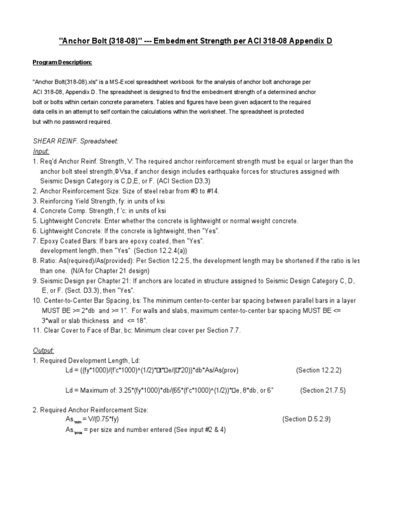 Anchor Bolt Embedment Calculator ACI 31808 PDF Economic Sectors
