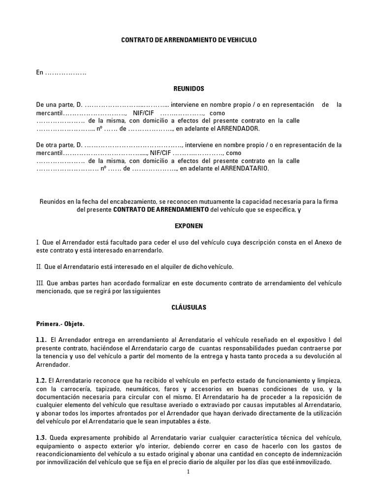 Contrato de Arrendamiento de Vehículo | PDF | Alquiler | Transporte