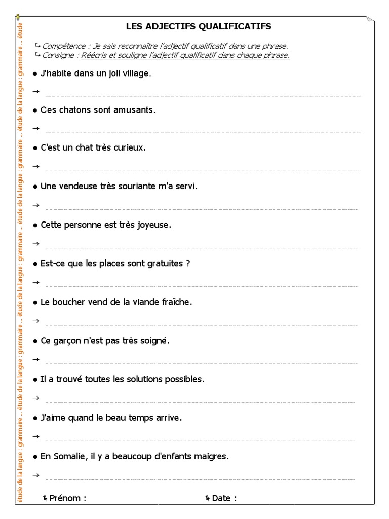 L accord De L adjectif Qualificatif Exercices Pdf Cm1 01 Adjectif Qualificatif | PDF | Linguistique | Grammaire