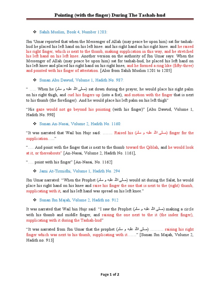 Pointing Finger During TashahHud PDF Hadith Muhammad