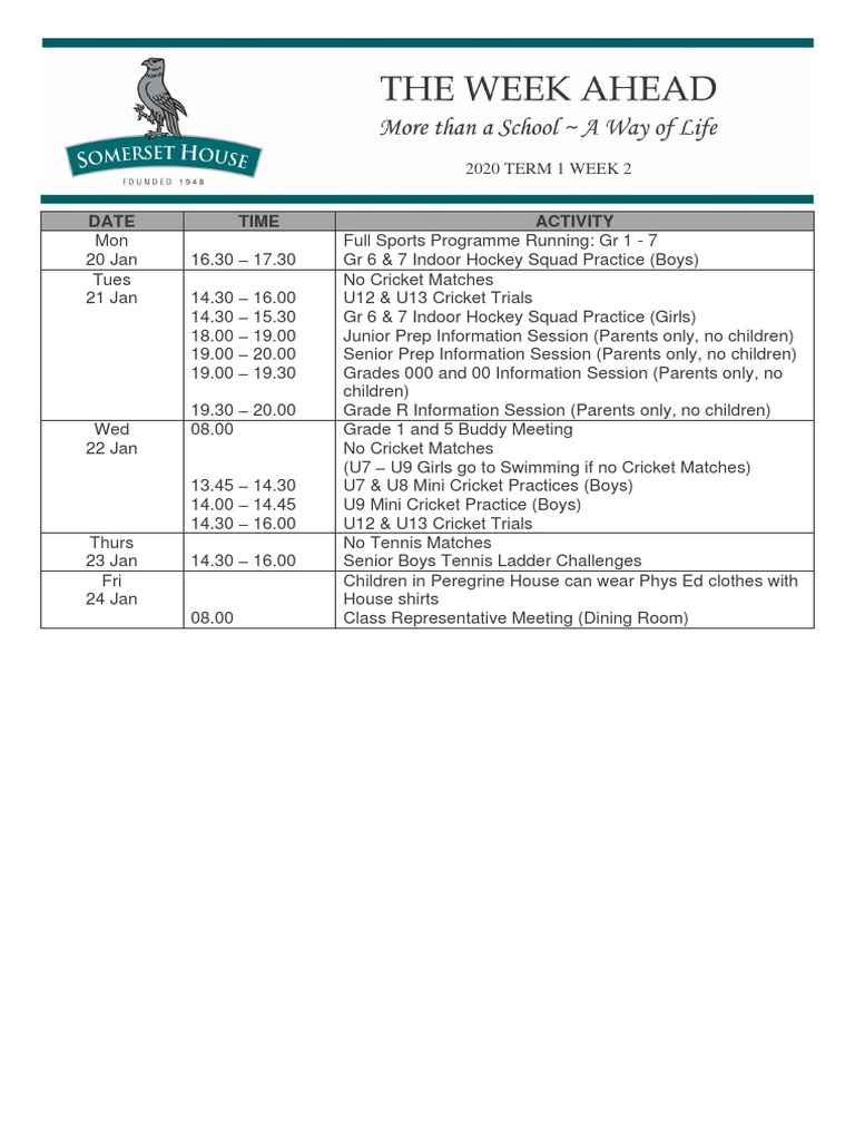 2020 Week Ahead Term 1 Week 2 | PDF