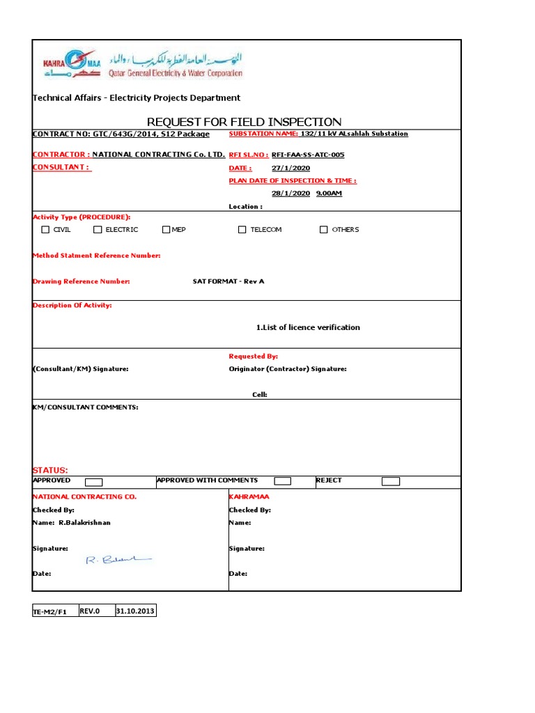 Request For Field Inspection: Technical Affairs - Electricity Projects ...