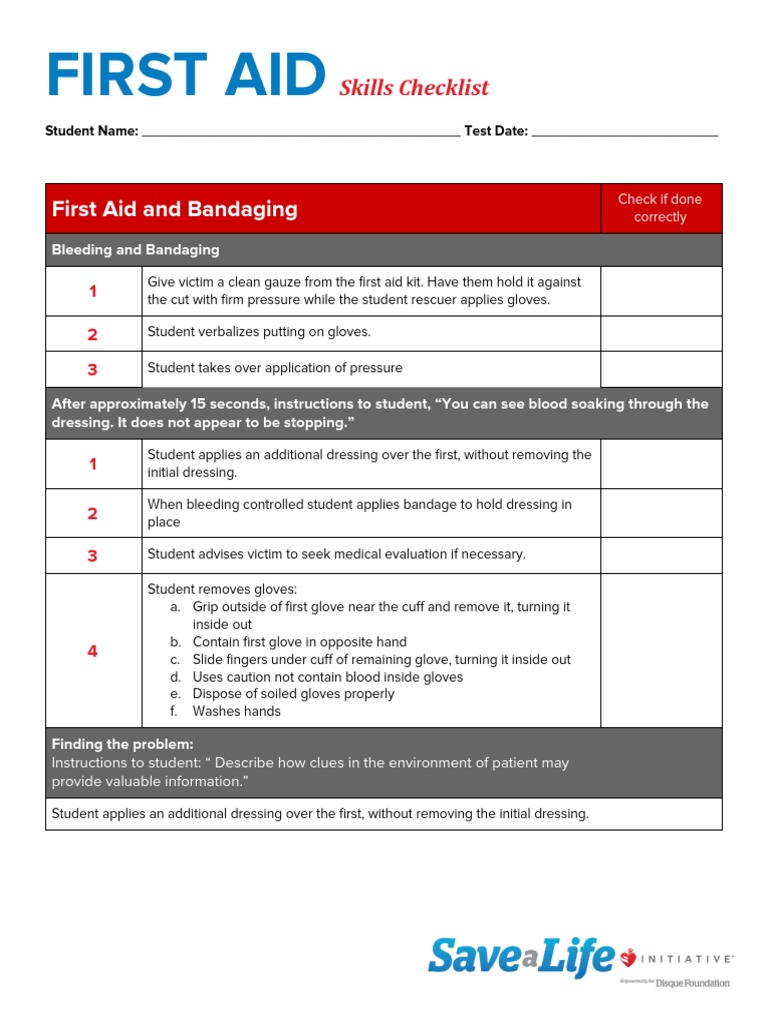 First Aid Skills Testing Checklist | PDF | First Aid | Glove