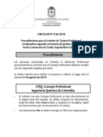 circular para tramite de tarjetas profesionales Ingenieria 2018-2S