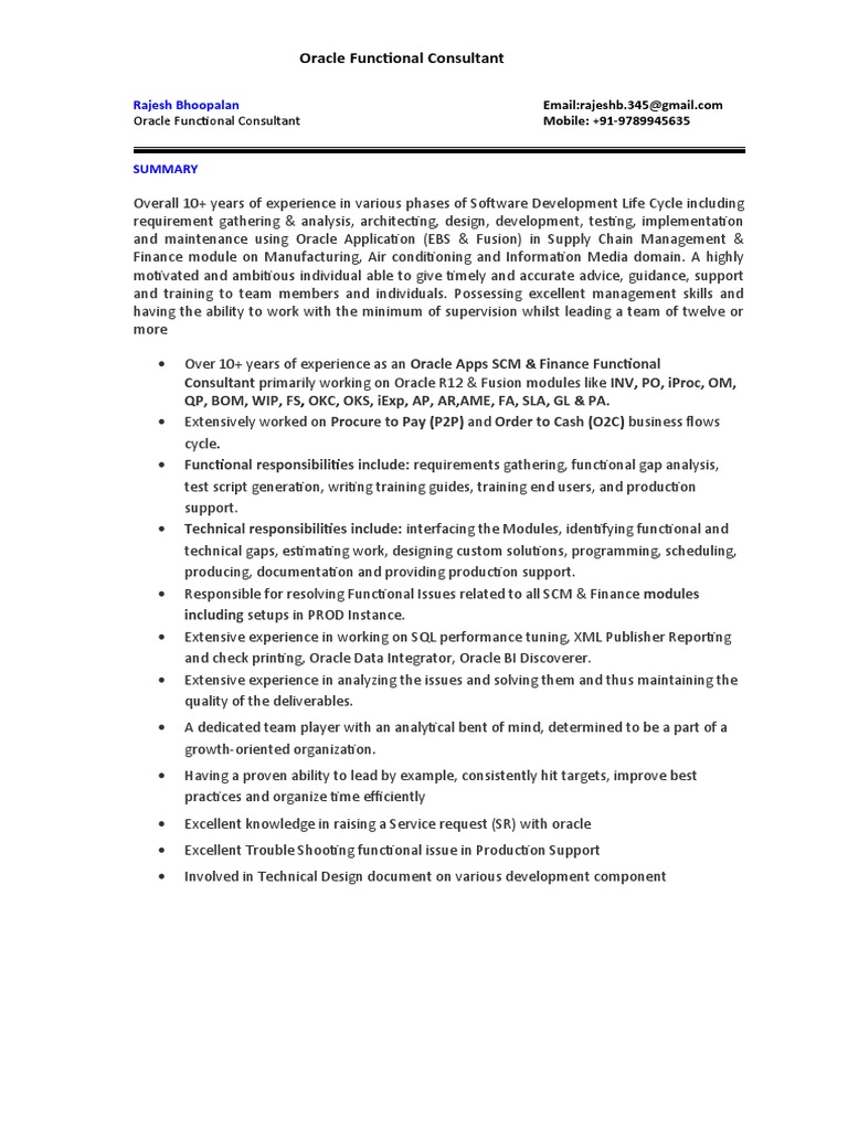 Oracle Functional Consultant Profile | PDF | Oracle Corporation ...