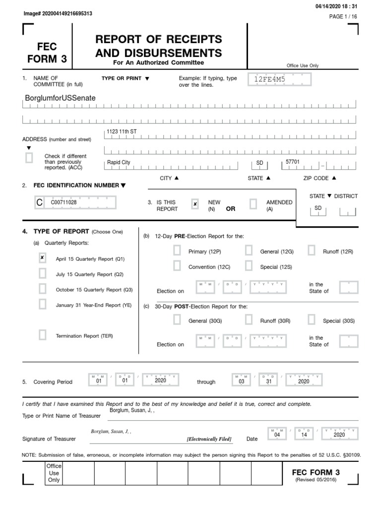FEC Form 3: Committee Financial Report | PDF | Political Action ...