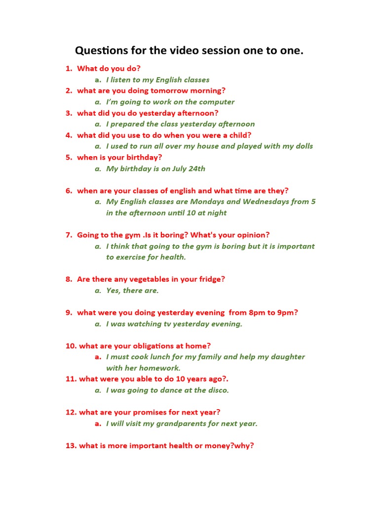 One-on-One Video Session Questions | PDF | Lifestyle