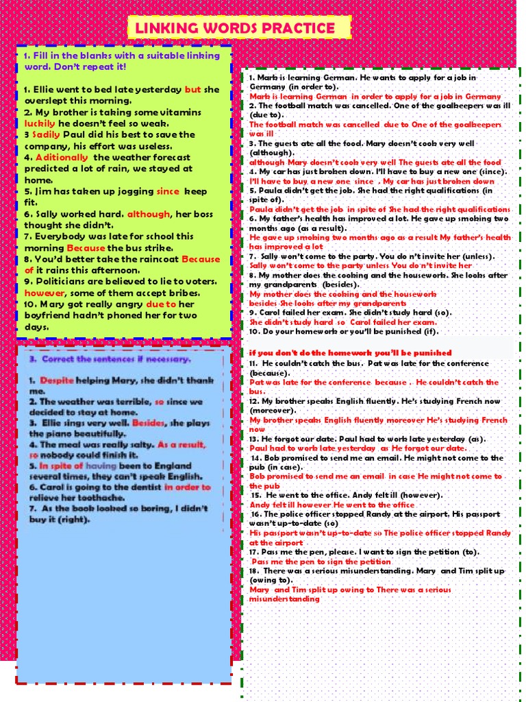Linking Words Practice 1. Fill in The Blanks With A Suitable Linking