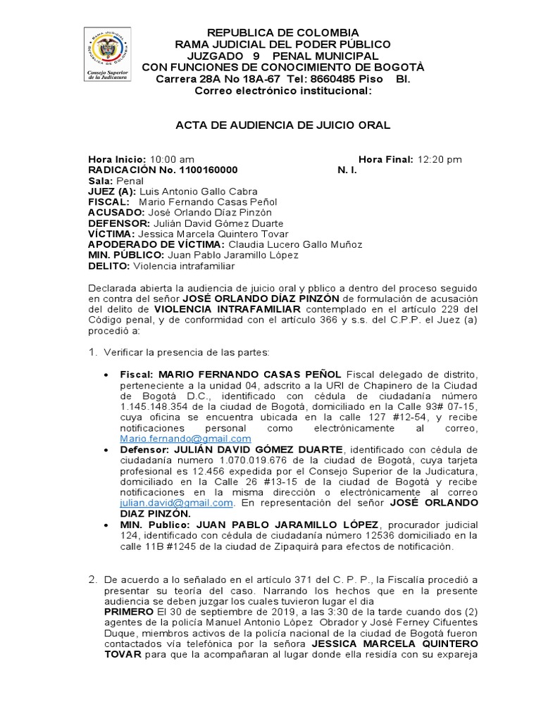 Acta de Audiencia de Juicio Oral | PDF | Bogotá | Testimonio