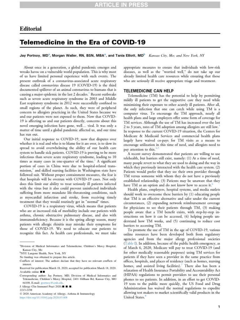 Telemedicine in The Era of COVID-19: Editorial | PDF | Allergy ...