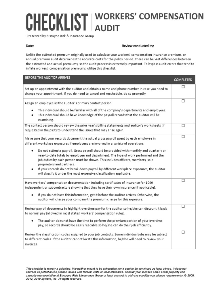 Workers Compensation Audit Checklist | PDF | Workers' Compensation ...