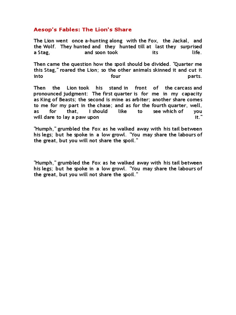 Aesops Fable The Lions Share Pdf 